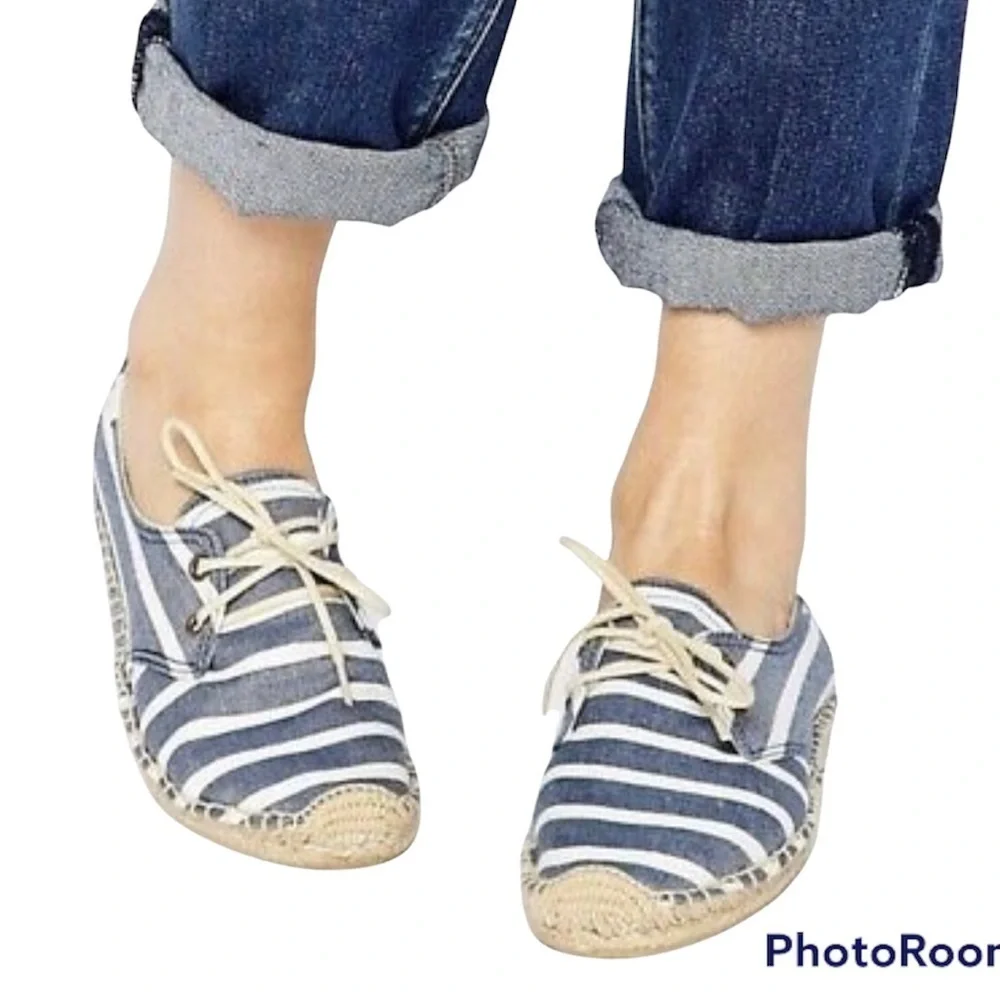 Soludos Derby Blue White Stripe Lace Up Espadrilles
